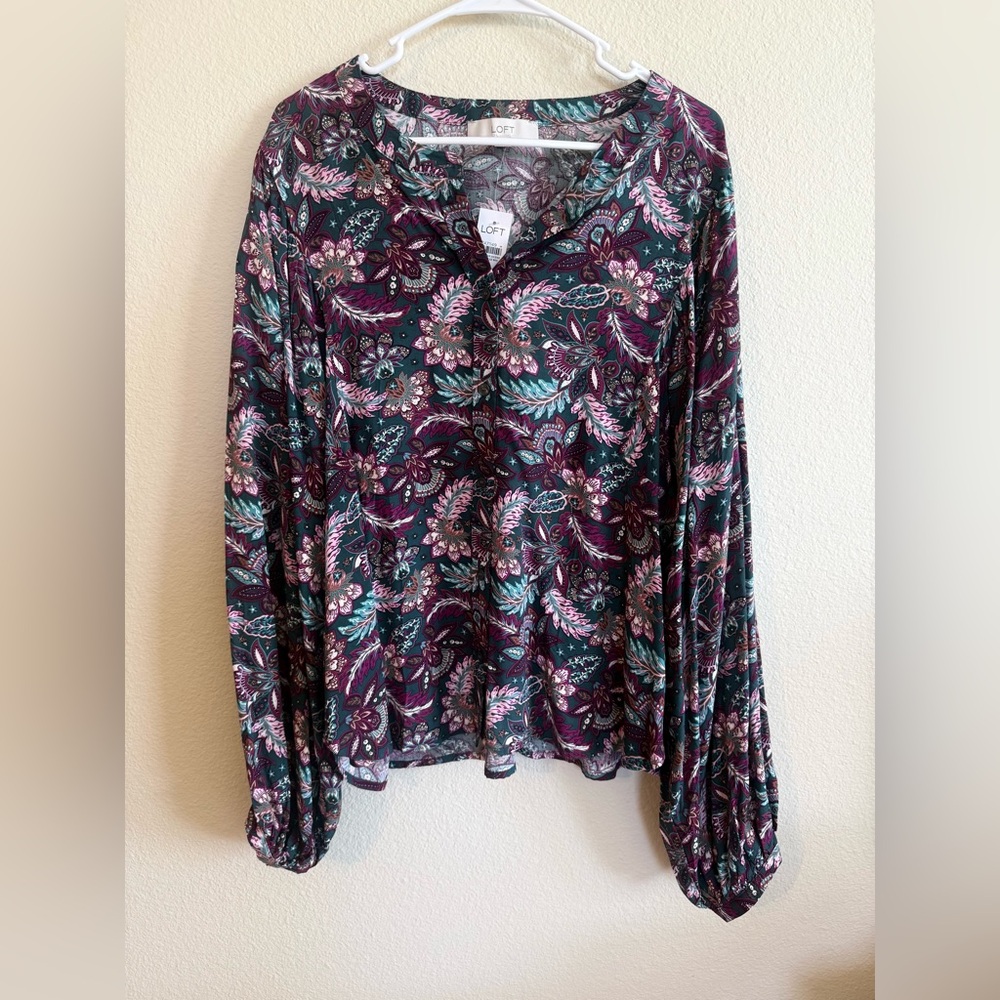 LOFT Teal and Plum Floral Paisley Long-Sleeve Tunic